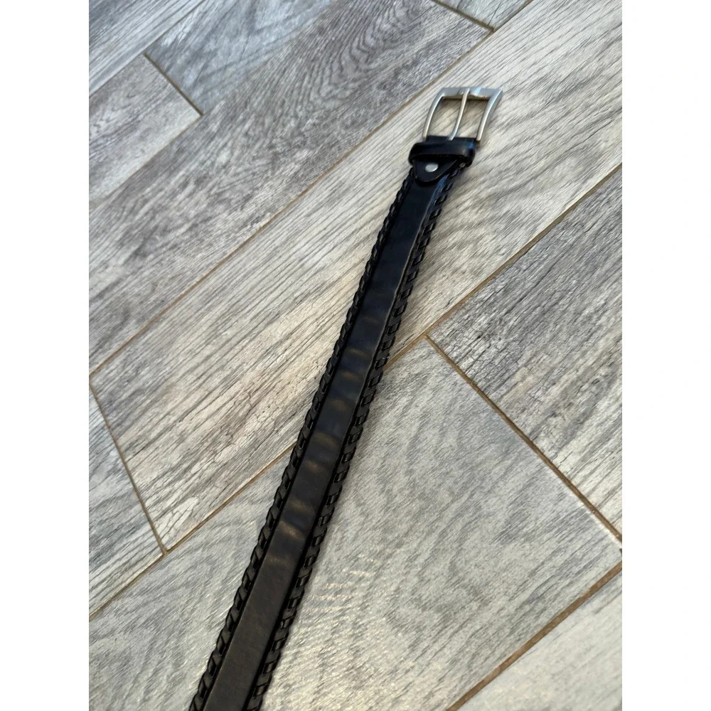 Braided Edge Genuine Leather Belt Mens 44 Black Whipstitch Silver Buckle Western